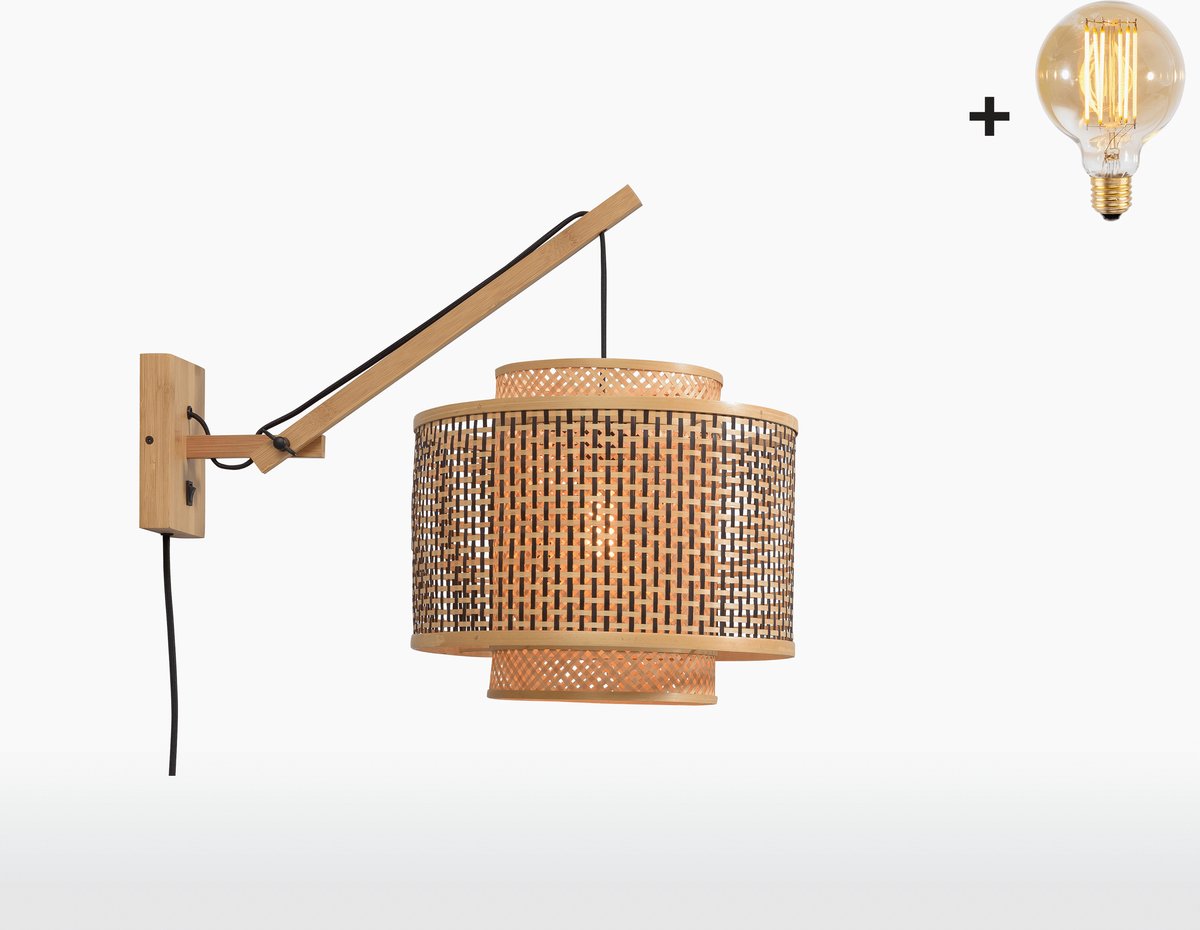 Wandlamp met Korte Arm - BHUTAN - Beige Bamboe - Small (40x34cm) - Met LED-lamp