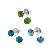 Cadeau vrouw | Zilveren oorbellen | Set van drie zilveren oorstekers, blauw en groen kristal, 4 mm