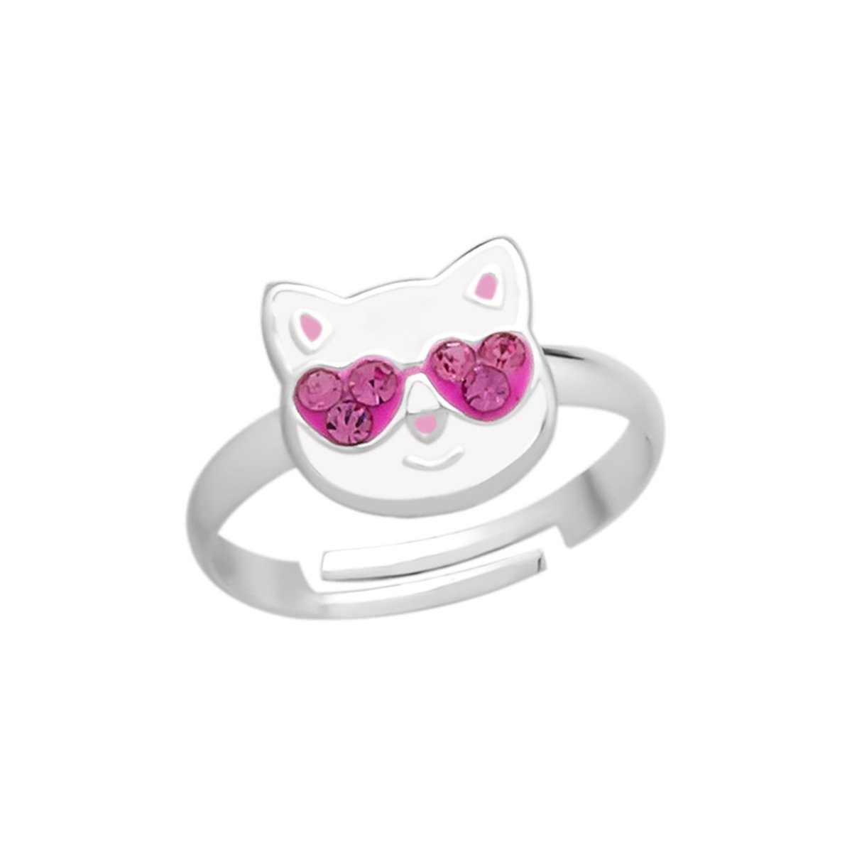 Ring meisje kind | Ring kinderen | Zilveren ring, witte kattenkop met roze zonnebril