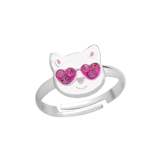 Ring fille enfant | Ring enfants | Bague en argent, tête de chat blanc avec lunettes de soleil roses