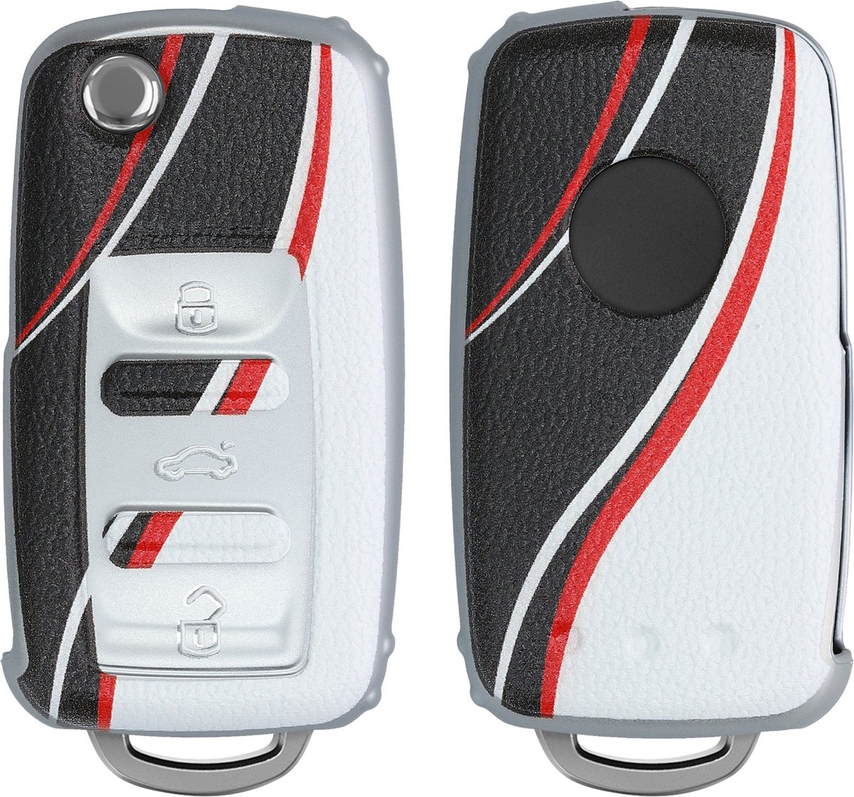 kwmobile autosleutelhoes compatibel met VW Skoda Seat 3-knops autosleutel - Cover in rood / zwart / wit - Kleurengolf design