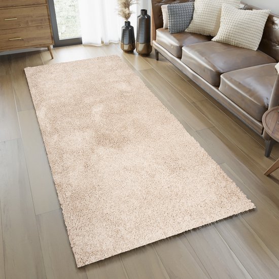Tapiso Essence Tapis de passage Beige à poils longs pour salon, couloir, chambre à coucher - 70 x 250