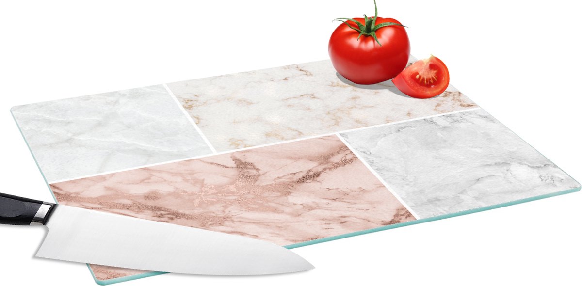 Glazen Snijplank - 39x28 - Marmer - Wit - Rosé - Snijplanken Glas