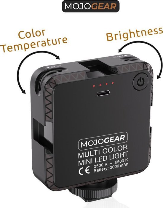 Achterkant van een zwart MOJOGEAR mini LED lampje met de tekst 'MULTI COLOR MINI LED LIGHT'.