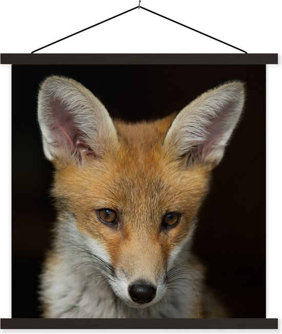 Posterhanger incl. Poster 90x90 cm - Schoolplaat - Vos - Portret - Zwart - Textielposter - Zwarte latten