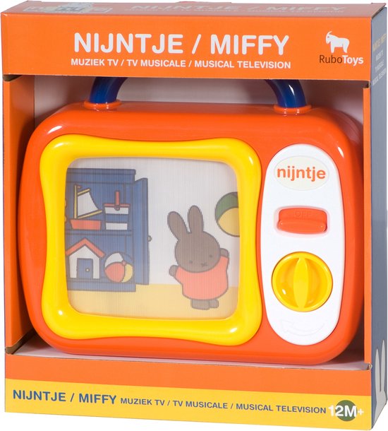 Oranje Nijnjte/Miffy muziek TV met gele rand en blauwe hengsels. Beeld toont konijnen met ballen.