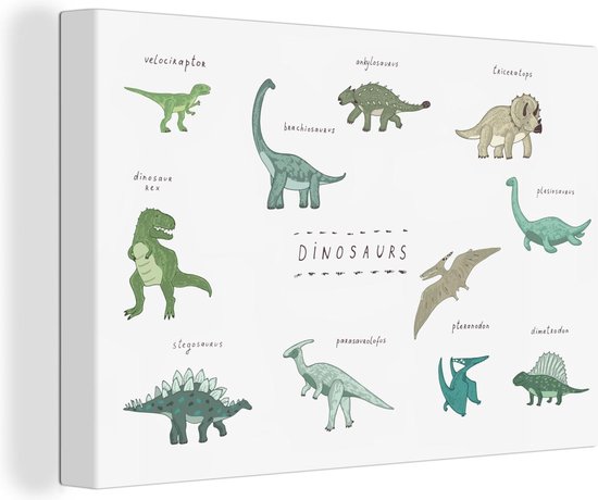 Canvas Schilderij Kinderkamer - Kleuren - Dinosaurus - Jongen - Meisje - Kind - 30x20 cm - Wanddecoratie