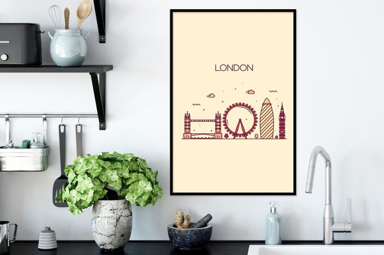Line art poster van de skyline van Londen in rood en geel op een crème achtergrond.