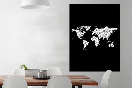 Décoration murale - Carte du Wereldkaart - Plantes - Zwart - 90x120 cm - Affiche
