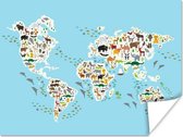 Wereldkaarten - Wereldkaart kinderen - Dieren - Kleuren - 80x60 cm