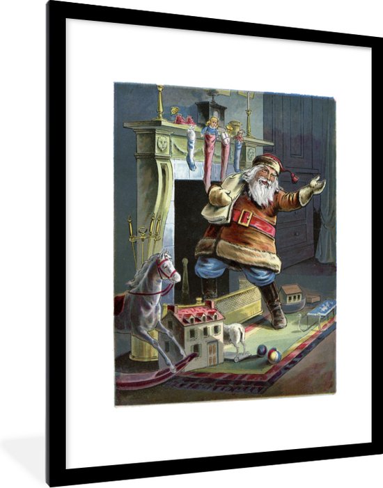 Fotolijst incl. Poster - Retro kerstman - Kerstmis - 60x80 cm - Posterlijst - Kerstmis Decoratie - Kerstversiering - Kerstdecoratie Woonkamer - Kerstversiering - Kerstdecoratie voor binnen - Kerstmis