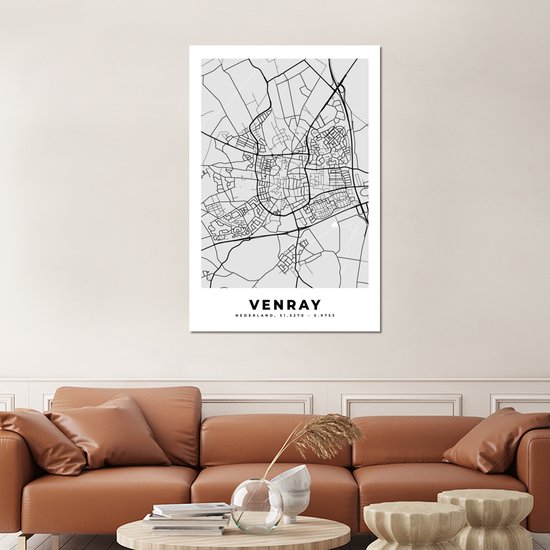 Décoration murale Métal - Peinture Aluminium - Plan de Ville - Venray - Grijs - Wit - 100x150 cm - Carte