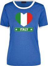 Italy blauw/wit ringer t-shirt Italie vlag in hart - dames - landen shirt - Italiaanse fan / supporter kleding S