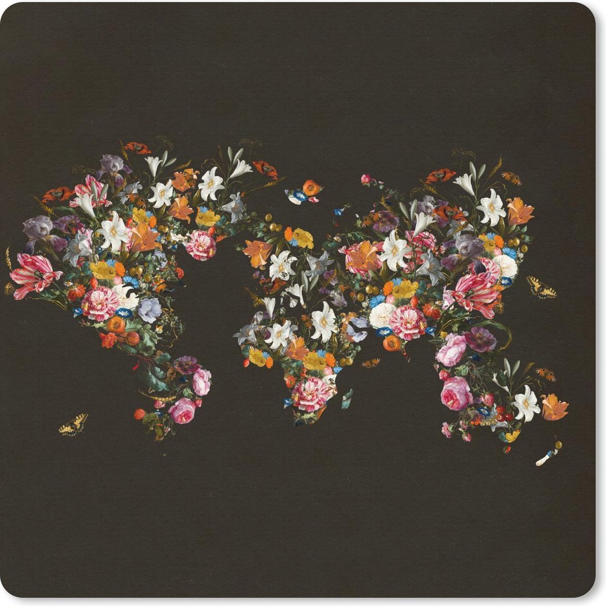 Muismat 20x20 cm - Mousepad Wereldkaart - Rozen - Lelie - Bloemen - Muismatten