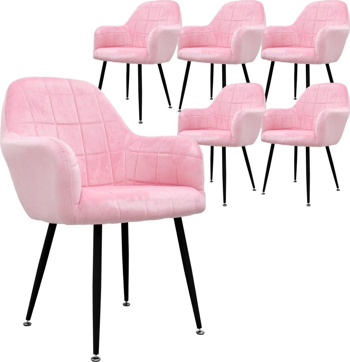 ecd germany Set van 6 Eetkamerstoelen Eetkamerstoel met rugleuning en armleuningen Roze Fluwelen Zitting Metalen Poten Keukenstoelen Woonkamerstoelen Woonkamerstoelen Gestoffeerde stoelen Fauteuils