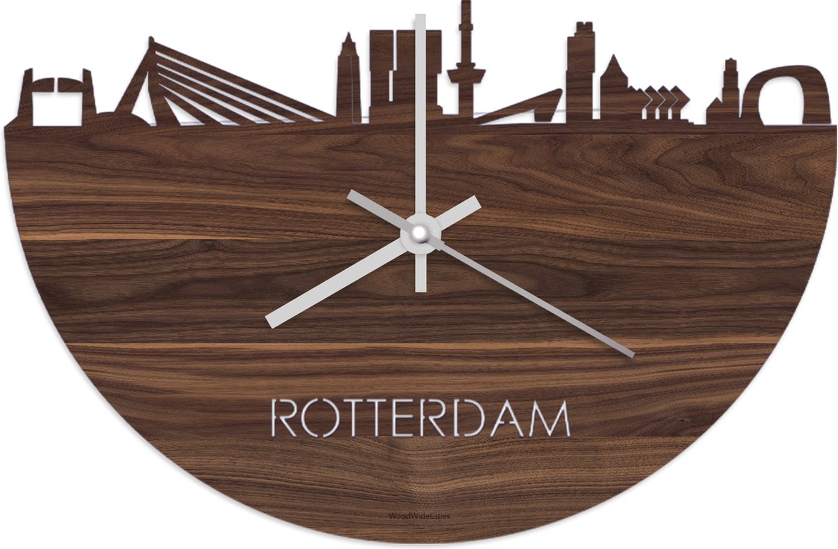 Skyline Klok Rotterdam Notenhout - Ø 40 cm - Stil uurwerk - Wanddecoratie - Meer steden beschikbaar - Woonkamer idee - Woondecoratie - City Art - Steden kunst - Cadeau voor hem - Cadeau voor haar - Jubileum - Trouwerij - Housewarming - WoodWideCities