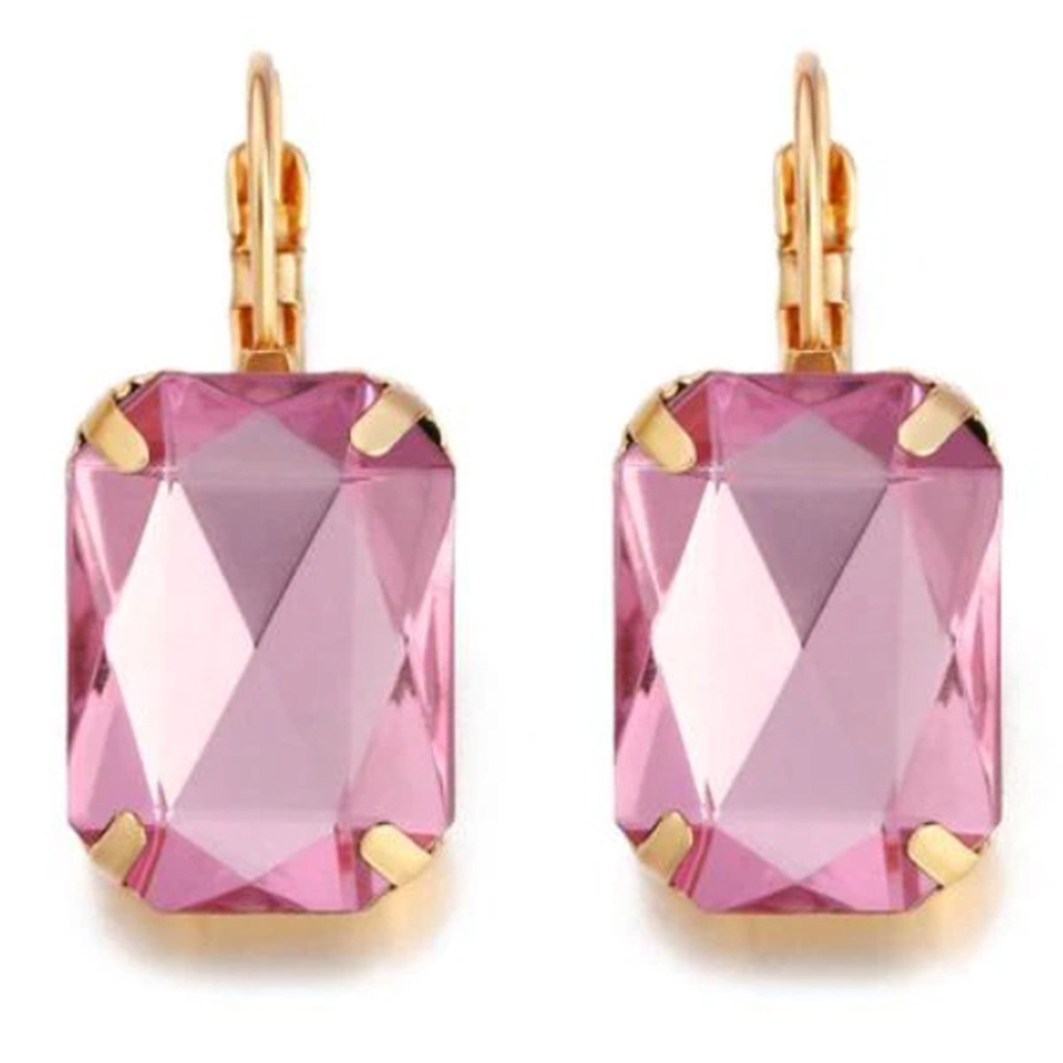 Goudkleurige oorbellen voor dames met een grote roze steen