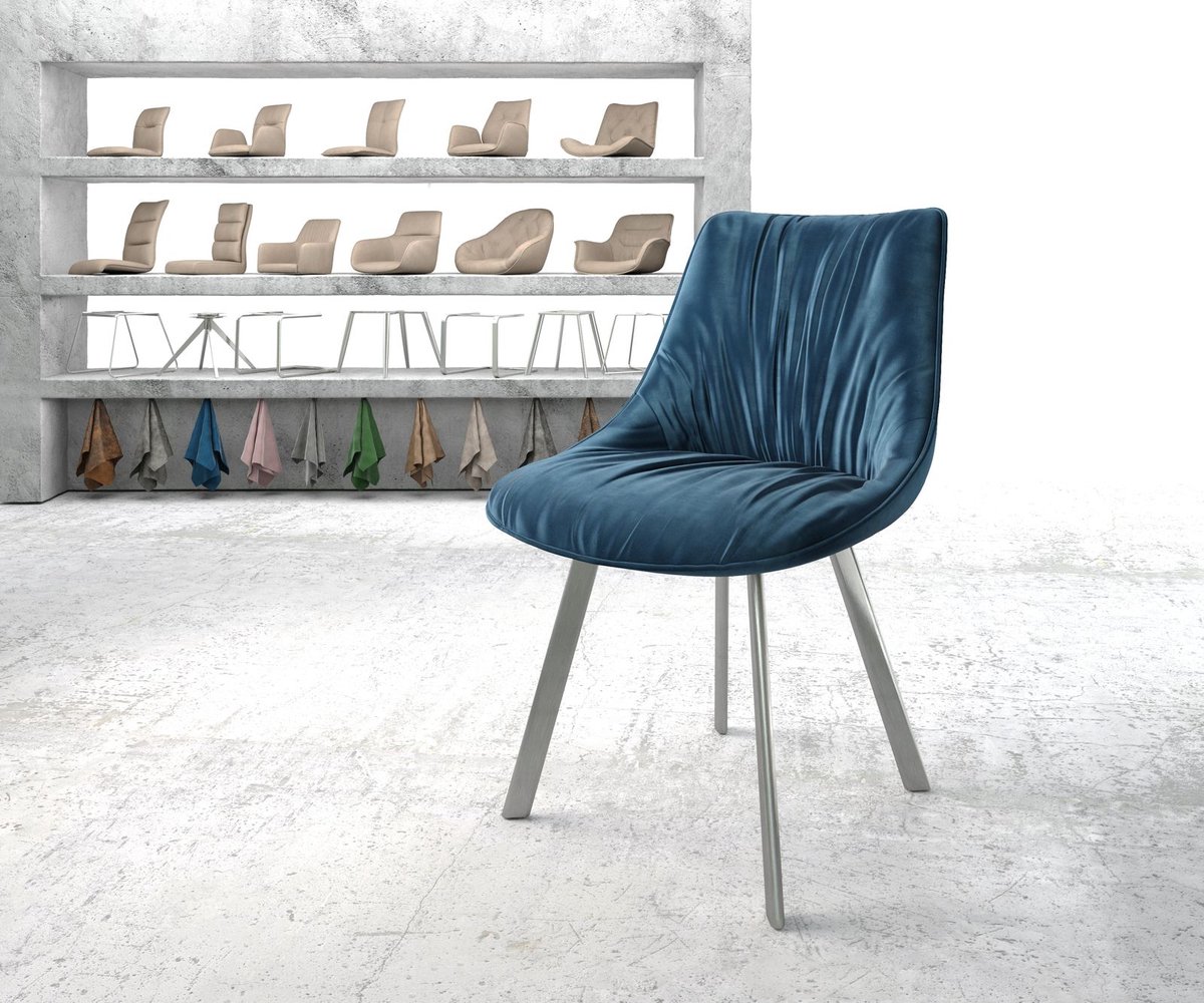 DELIFE Gestoffeerde-stoel Elda-Flex 4-poot ovaal roestvrij staal fluweel blauw