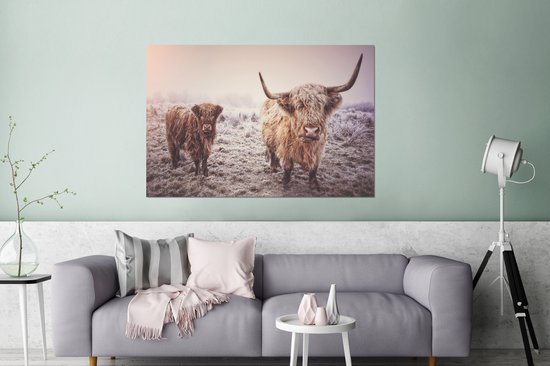 Décoration murale Métal - Peinture Aluminium Industrielle - Highlander écossais - Hiver - Neige - Vache - Pâturage - Marron - 120x80 cm - Dibond - Photo sur aluminium - Décoration murale industrielle - Pour le salon / chambre