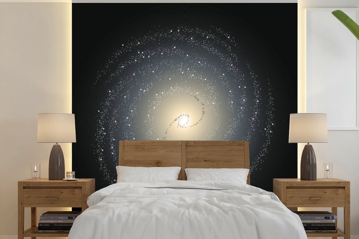 Behang - Fotobehang Een zwart met gele illustratie van de Melkweg - Breedte 350 cm x hoogte 350 cm