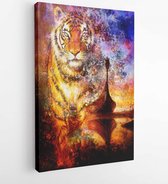 Canvas schilderij - Viking Boat on the beach, and tiger head, collage painting on canvas, Boat with wood dragon. structure background, red, orange, yellow, black, violet and blue c