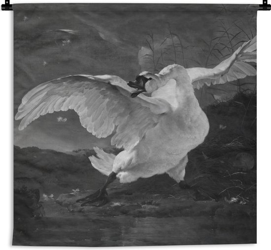 Wandkleed - Wanddoek - De bedreigde zwaan - Schilderij van Jan Asselijn - zwart wit - 150x150 cm - Wandtapijt