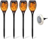 LED Solar Priklamp/Fakkel Tuinverlichting met Zonne-energie - Set 4 Stuks - Aptoza Torky - Dag en Nacht Sensor - Mat Zwart - Kunststof - Inclusief Gratis LED Grondspot op Zonne-ene