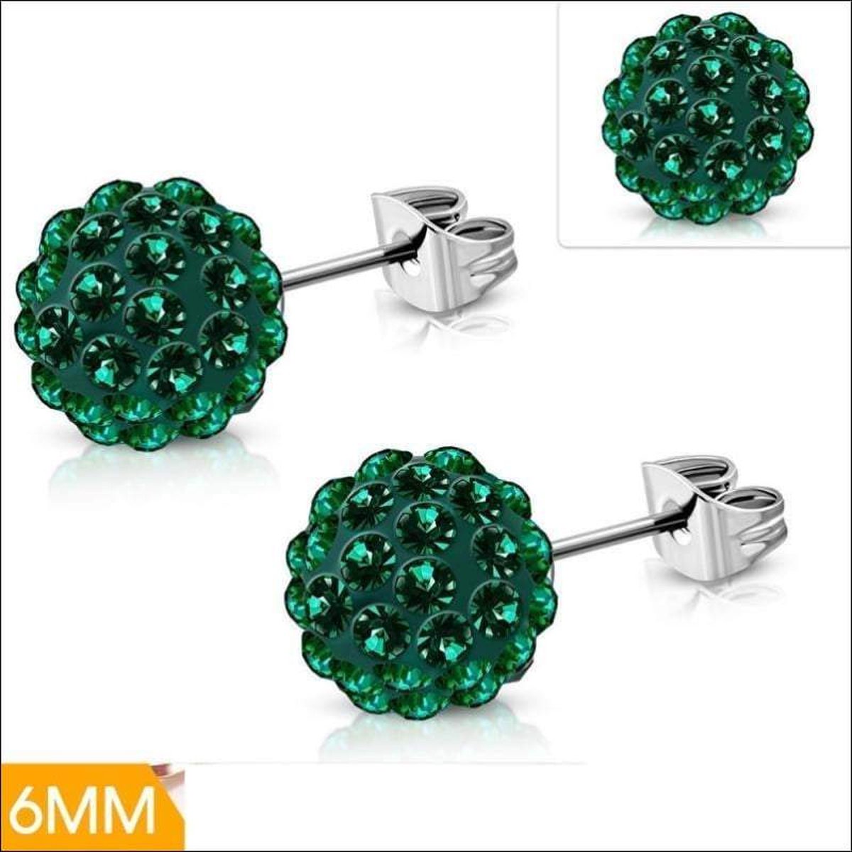Aramat jewels ® - Shamballa bolletjes oorstekers groen zilverkleurig staal 6mm