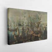 De explosie van het Spaanse vlaggenschip tijdens de Slag om Gibraltar,- Modern Art Canvas - Horizontaal - 452827084 - 115*75 Horizontal