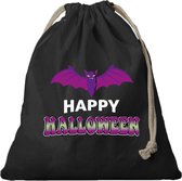 Halloween - 1x Vleermuis / happy halloween canvas snoep tasje/ snoepzakje zwart met koord 25 x 30 cm - snoeptasje halloween