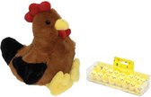Pluche bruine kippen/hanen knuffel van 25 cm met 16x stuks mini kuikentjes 3,5 cm - Paas/pasen decoratie