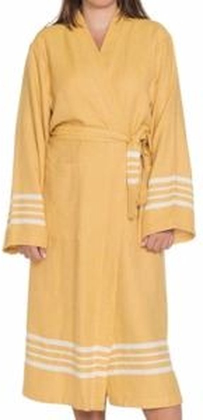 Hamam Badjas Krem Sultan Mustard Yellow - L - unisex - hotelkwaliteit - sauna badjas - luxe badjas - dunne zomer badjas - ochtendjas