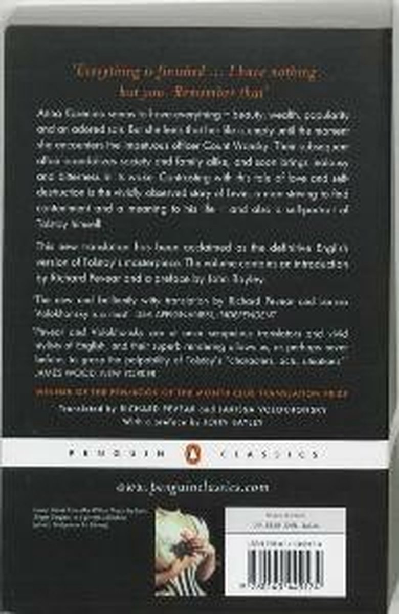 De achterkant van de Penguin Classics-editie van Anna Karenina met een korte beschrijving, ISBN en een gedetailleerde afbeelding van handen die bloemen vasthouden.
