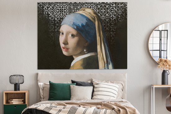 Tableau sur toile - Fille à la boucle d'oreille en perle - Zwart - Wit - 160x120 cm - Décoration murale XXL