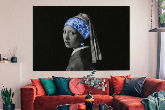 Tableau sur toile Fille à la boucle d'oreille en perle - Vermeer - Blauw - 150x100 cm - Décoration murale