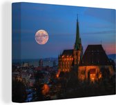 Canvas Schilderij Volle maan boven de Duitse stad Erfurt - 40x30 cm - Wanddecoratie