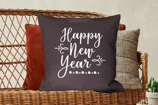 Sierkussen décoratif Citations du Nouvel An pour l'intérieur - Citation du Nouvel An ``Happy année '' - décoration murale noir - 60x60 cm - coussin intérieur carré en coton