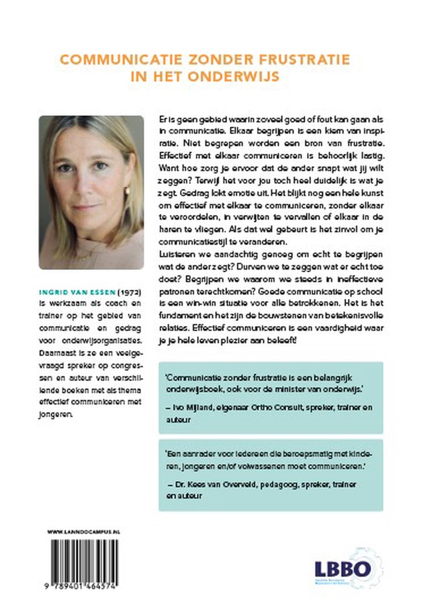 Boekcover met portret van Ingrid van Essen, titel 'Communicatie zonder frustratie in het onderwijs'.
