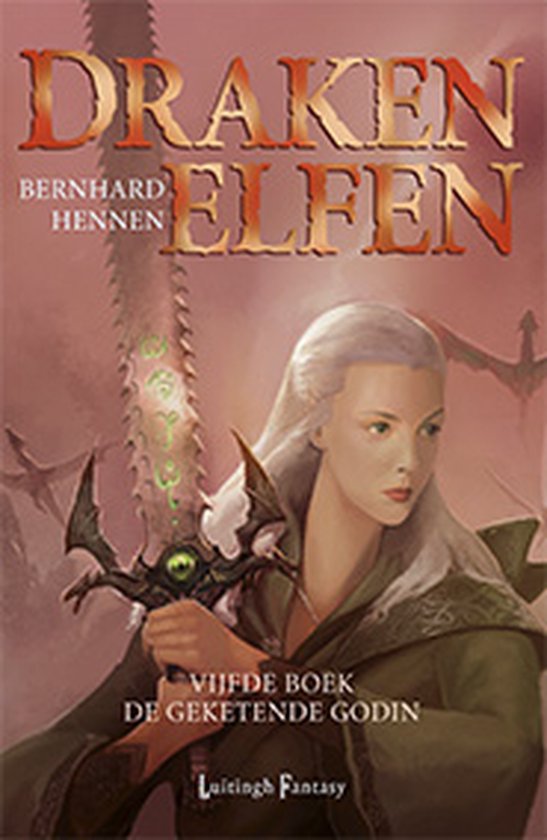 Boek 'Drakenelfen', vijfde boek, 'De geketende godin', met een elf met zwaard.
