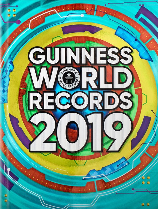 Guinness World Records 2019, met een cirkelvormig design met de tekst "Guinness World Records 2019" in grote letters.