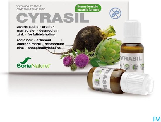 Verpakking met 'nieuwe formule' CYRASIL en losse ampullen. Toont zwarte radijs, artisjok, mariadistel, desmodium, zink, fosfatidylcholine.