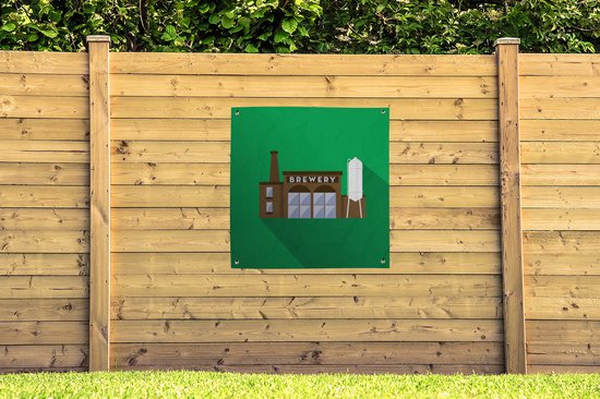 Tuinposter 100x100 cm - Tuindecoratie Illustratie bierbrouwerij op groene achtergrond - Poster voor in de tuin - Buiten decoratie - Schutting tuinschilderij - Tuindoek muurdecoratie - Wanddecoratie balkondoek