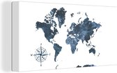 Wanddecoratie Wereldkaart - Aquarelverf - Windroos - Canvas - 40x20 cm