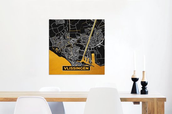 Décoration murale Métal - Aluminium Peinture Industrielle - Plan de la ville - Vlissingen - Or - Zwart - 50x50 cm - Dibond - Photo sur aluminium - Décoration murale industrielle - Pour le salon / chambre