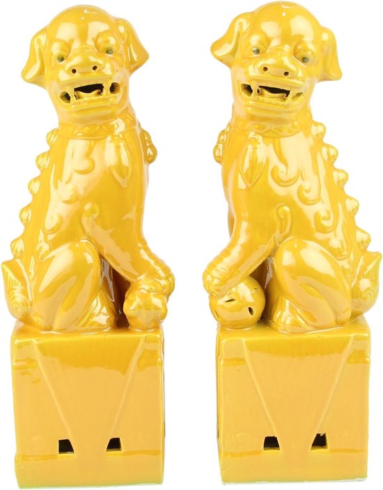 Fine Asianliving Chinese Foo Dogs Set/2 Porselein Geel Handgemaakt D10xH27cm