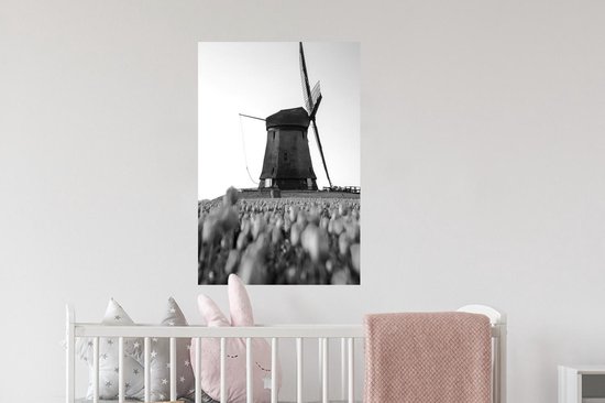 Stickers muraux - Film autocollant - Un moulin à vent avec des tulipes - noir et blanc - 40x60 cm - Film adhésif - Stickers muraux Chambre d'enfant - Papier peint autocollant