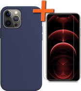 iPhone 13 Pro Hoesje Siliconen Case Met Screenprotector Met Dichte Notch - iPhone 13 Pro Hoes Siliconen Cover Met Beschermglas - Donkerblauw