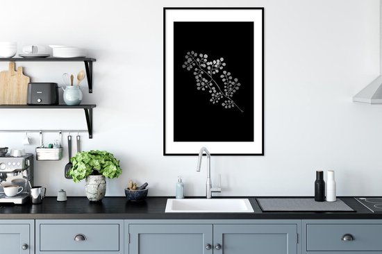 Cadre photo avec affiche Zwart Wit- Branche avec feuilles rondes sur fond noir - noir et blanc - 60x90 cm - Cadre pour affiche