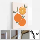 Collectie hedendaagse kunstposters in pastelkleuren. Abstracte geometrische elementen en lijnen, bladeren en fruit, bitterkoekjes, sinaasappels - Moderne kunst canvas - Verticaal -