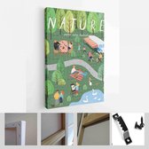 Natuur. Landschap natuurlijke achtergrond schattig vectorillustratie, mensen op vakantie in dorp, picknick, bos en bomen park - Modern Art Canvas - Verticaal - 1377169688